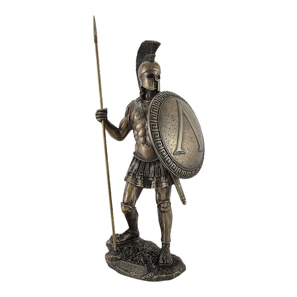 Guerrier spartiate grec avec lance et bouclier Hoplite Bronze coulé à froid et résine Statue Sculpture Figurine 36,5 cm