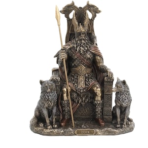 Norse God Odin Sitting with Wolves Freki & Gerion on Throne Bronze Finish Statue Sculpture Figurine Viking