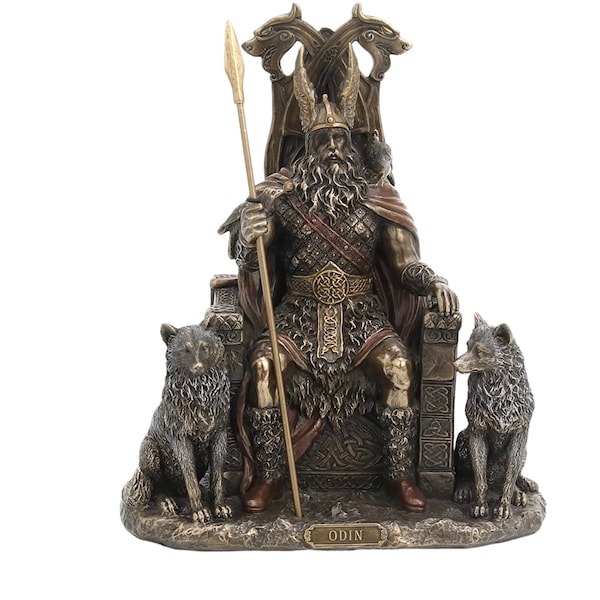 Nordischer Gott Odin sitzend mit Wölfen Freki & Gerion auf Thron Bronze Finish Statue Skulptur Figurine Wikinger