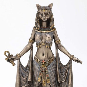 Bastet Egyptian Goddess of Protection with Cat Bronze Finish Statue Sculpture 10 inches