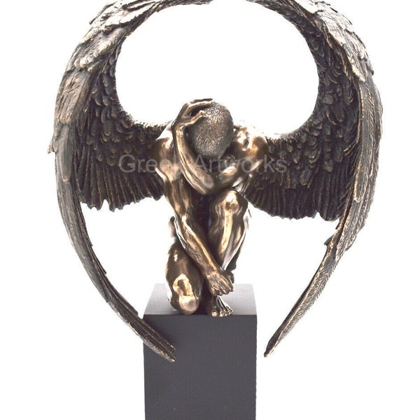 Winged Nude Male Angel Sitting on Plinth Bronze Finish Statue Sculpture Figure