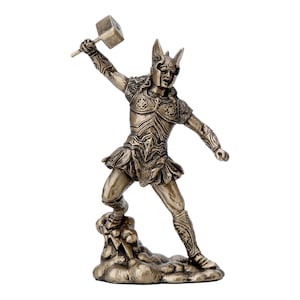 Small Norse God Thor with Mjolnir Cold Cast Bronze & Resin Statue Sculpture Figurine 11,5 cm