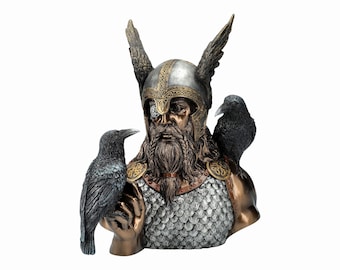 Norse God Odin Bust with two Raven Cold Cast Bronze & Resin Statue Sculpture Figurine