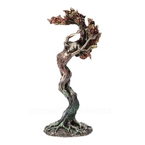 May include: A bronze-toned sculpture depicting a figure merging with a tree, featuring roots at the base, a trunk-like torso, and branches forming a canopy above. The finish includes highlights of copper, green, and dark brown throughout the piece.