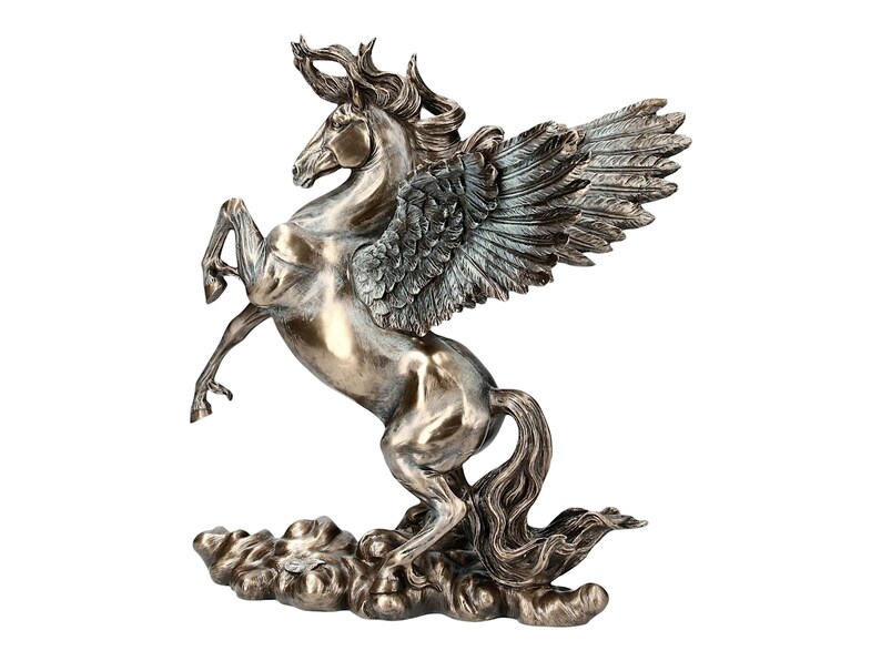 Pu&ograve; includere: Una scultura in bronzo di un cavallo alato, Pegaso, con le ali spiegate. Il cavallo &egrave; in piedi su una base a forma di nuvola.
