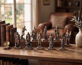Set 12 twaalf Grieks-Romeinse Olympische goden Pantheon koudgegoten bronzen en harsminiaturen