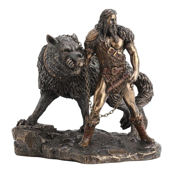 Norse God Tyr and the Binding of Fenrir Cold Cast Bronze & Resin Statue Sculpture Viking Figurine
