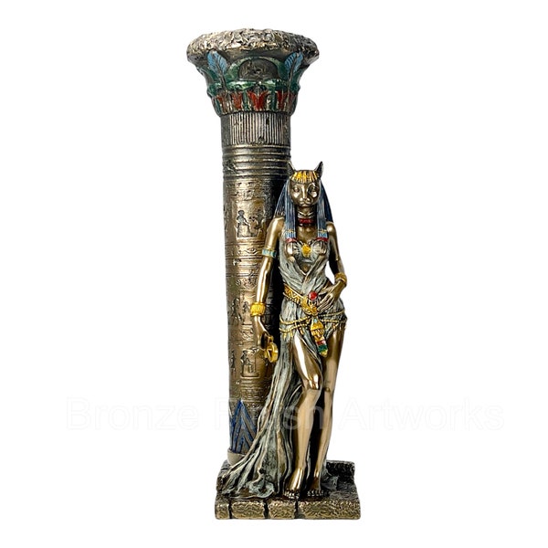 Bastet Egyptian Goddess of Protection Leaning on Pilar Tealight Candle Holder Cold Cast Bronze & Resin Statue Sculpture 27,5 cm