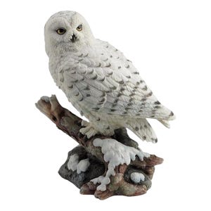 Snow Owl Perching on Branch Bonded Marble Polyresin Decorative Statue Sculpture White