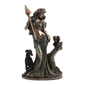 Hecate Hekate Greek Goddess of Magic with Torch and Dog Statue Cold Cast Bronze & Resin Statue Figurine Sculpture 23 cm