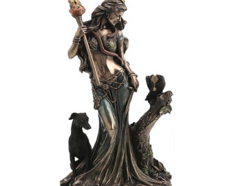 Hecate Hekate Greek Goddess of Magic with Torch and Dog Statue Cold Cast Bronze & Resin Statue Figurine Sculpture 23 cm