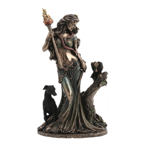 Hecate Hekate Déesse grecque de la magie avec torche et statue de chien en bronze coulé à froid et résine statue figurine sculpture 23 cm