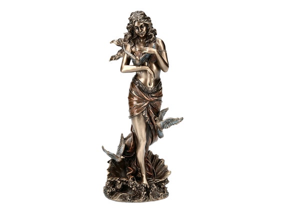 Aphrodite with Doves Standing on Sea Shell Greek Goddess Cold Cast Bronze & Resin Statue Sculpture