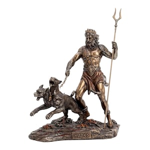 Hades Pluto God of Underworld & Cerberus Cold Cast Bronze and Resin Statue Sculpture 7.87 inches / 20 cm