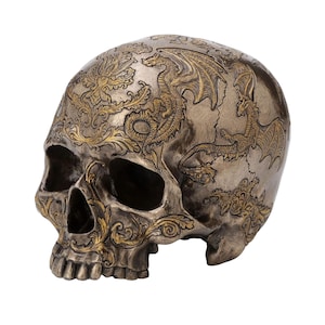 Thistle Flying Dragon Coat of Arms on Skull Cold Cast Bronze & Resin Sculpture Statue