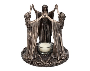 Estatua de bronce fundido en frío y resina con vela votiva para ritual festivo de la triple diosa Wicca
