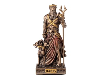 Estatuas en miniatura de Hades, Plutón y Cerbero, dioses del inframundo, de bronce fundido en frío y resina, 9 cm x 4 cm.