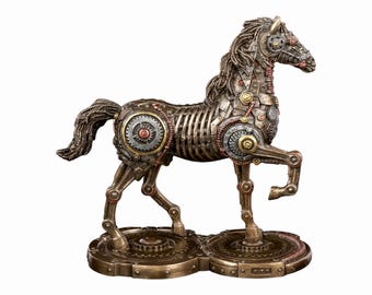 Steampunk Prancing Horse Gait Statue Gold Cast Bronze & Resin Sculpture