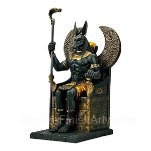 Egyptian God Anubis sitting on Throne Cold Cast Bronze & Resin Statue Sculpture Figurine Black Gold Tone