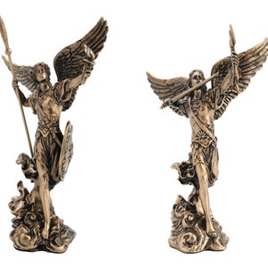 Set of 2 St Remiel & Uriel Archangel Statue Miniature Cold Cast Bronze and Resin
