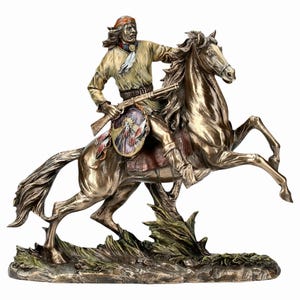 Apache Warrior on Horseback with Rifle and Shield Cold Cast Bronze & Resin Statue Sculpture