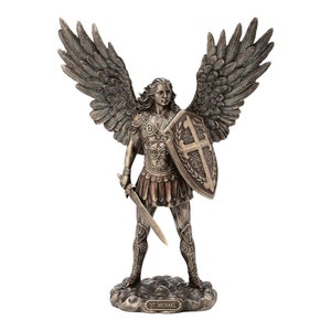 Saint Michael Archangel with Battle Shield and Sword Angel Cold Cast Bronze & Resin Statue Sculpture  19 cm