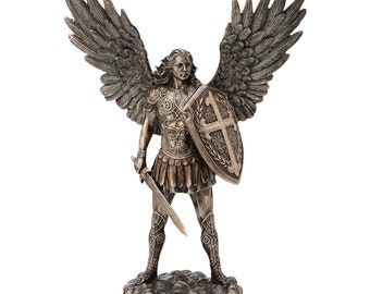 Saint Michael Archangel with Battle Shield and Sword Angel Bronze Finish 14 inches