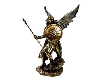 Estatua del Arcángel Rafael con Lanza y Escudo en Bronce Fundido en Frío y Acabado en Resina 23 cm