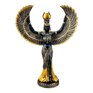 May include: A black and gold statue of the Egyptian goddess Isis with outstretched wings. She is wearing a golden crown and a flowing robe.