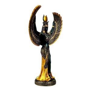 May include: A gold and black statue of the Egyptian goddess Isis with outstretched wings. She is wearing a golden crown and a flowing robe.