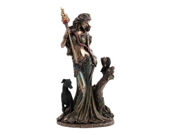 Hecate Hekate Greek Goddess of Magic with Torch and Dog Statue Cold Cast Bronze & Resin Statue Figurine Sculpture 23 cm