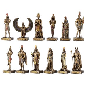 Egyptian Gods Miniature Statues, Bronze Resin Pantheon Set with Pyramid Base
