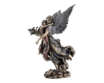 Guardian Angel Holding a Child & a Flower Cold Cast Bronze and Resin Statue Sculpture 27 cm