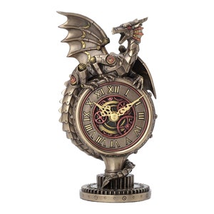 Steampunk Drache Uhr auf Zahnradständer Kaltguss Bronze & Harz Statue Skulptur