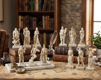 Set 12 twaalf Grieks-Romeinse Olympische goden Pantheon koudgegoten bronzen en harsminiaturen