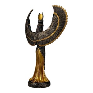 May include: A gold and black statue of the Egyptian goddess Isis with outstretched wings. She is wearing a flowing golden robe and a crown with a sun disk.