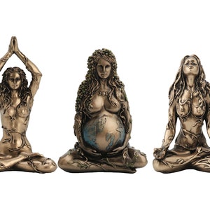 Set of 3 Gaia Mother Earth Goddess Cold Cast Bronze & Resin Statue Sculpture Miniature