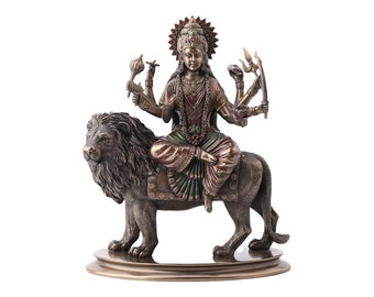 Durga Riding on Lion Cold Cast Bronze & Resin Statue Sculpture