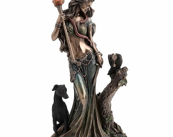 Estatua de Hécate: Diosa griega de la magia, la antorcha y el perro - Figura de bronce fundido en frío (34 cm)