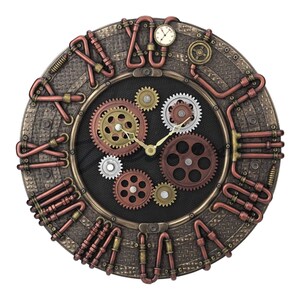 Steampunk Brass Electricity Conduit Wall Clock With Moving Gears