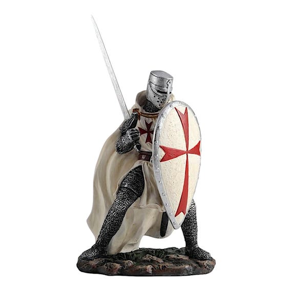 鎧を着た中世の十字軍騎士テンプル騎士（剣と盾付き）ポリレジン像 20