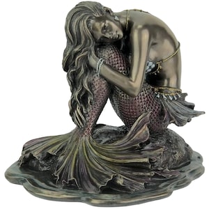 Mermaid Gorgon Siren Solitude Sitting on Rock Female Creature Bronze Finish Sculpture Figure