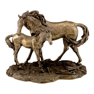 Family Horses Mother with her Baby Horse MARE and FOAL Sculpture Gold Cast Bronze & Resin Statue Sculpture Home Décor