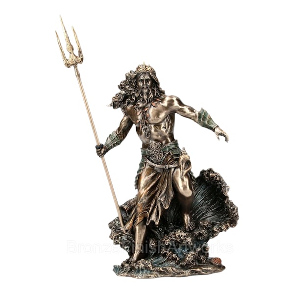 Grande figurine Poséidon, dieu grec de la mer, Neptune, sculpture, bronze coulé à froid et résine 52 cm