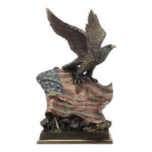 American Pride Bald Eagle and Stars and Stripes Flag Cold Cast Bronze & Resin Statue Sculpture