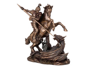 Estatua de soldado romano de bronce fundido en frío y resina de San Jorge matando al dragón