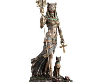 Bastet Statue: Egyptian Cat Goddess with Ankh, Cold Cast Bronze