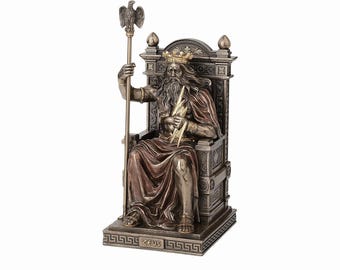 Zeus Holding Thunderbolt Sitting on Throne Statue: Cold Cast Bronze Greek God Sculpture