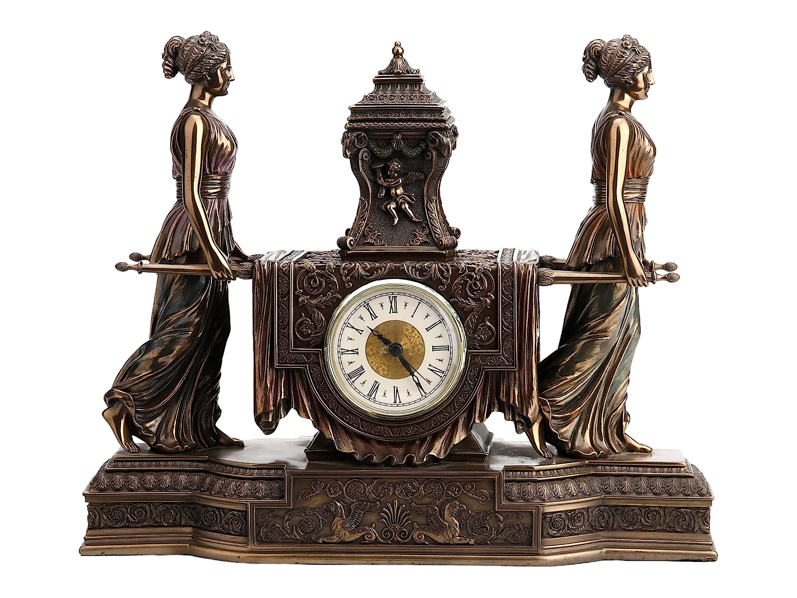 Cold Cast Bronze Mantel Clock Women With Urn Statue, Veronese Design