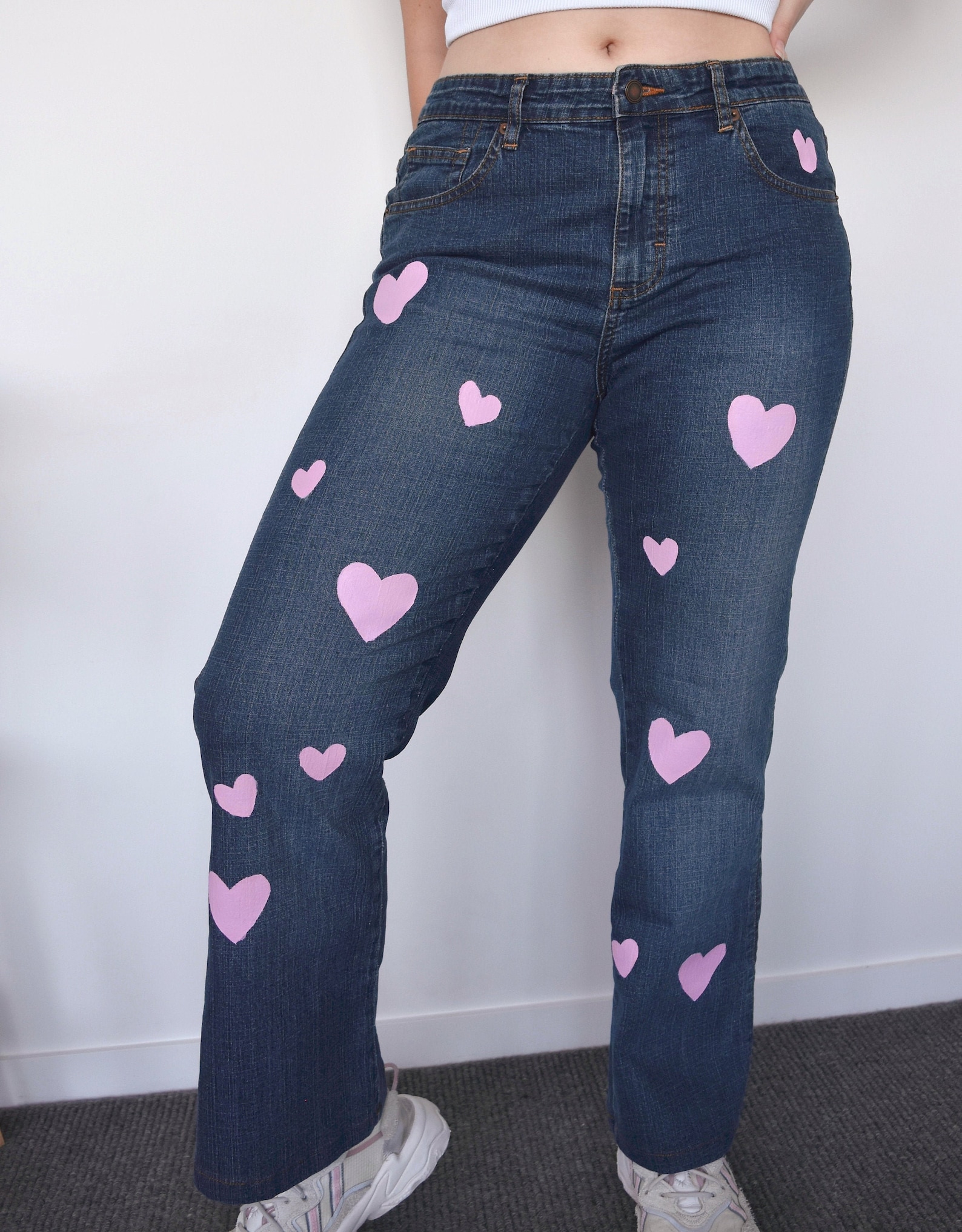 Pink Heart Hand Painted Mid Waisted Jeans Etsy